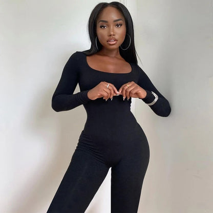 Hugcitar 2023 Long Sleeve Slash Neck Skinny Solid Stretchy Bodycon Jumpsuits Autumn Winter Women Fashion Streetwear Outfits Romp